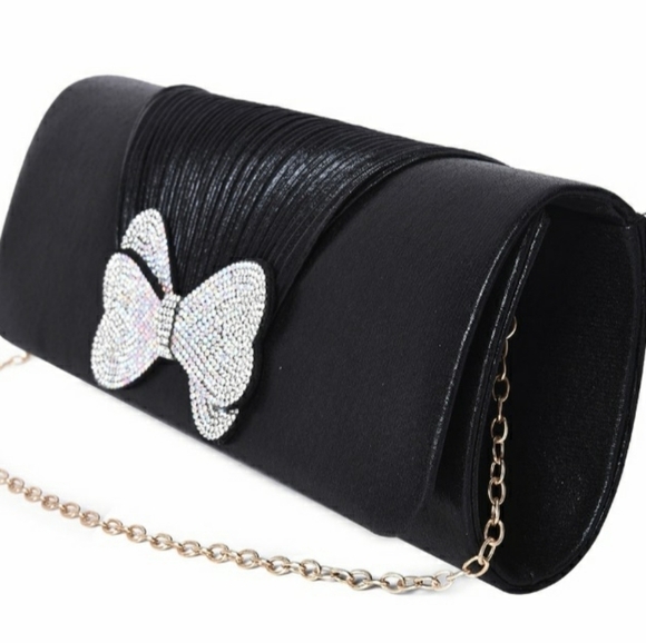 Black Satin Evening Bag Aurora Borealis Rhinestone - Picture 2 of 9